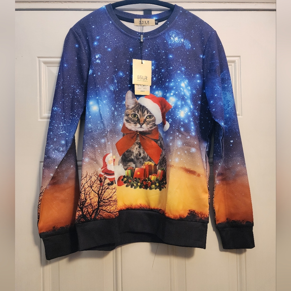 Nwt SSLR Blue Cat Santa Sweatshirt